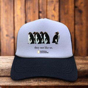 National Geographic Penguins They Not Like Us Mens Trucker Hat Black Parody Meme